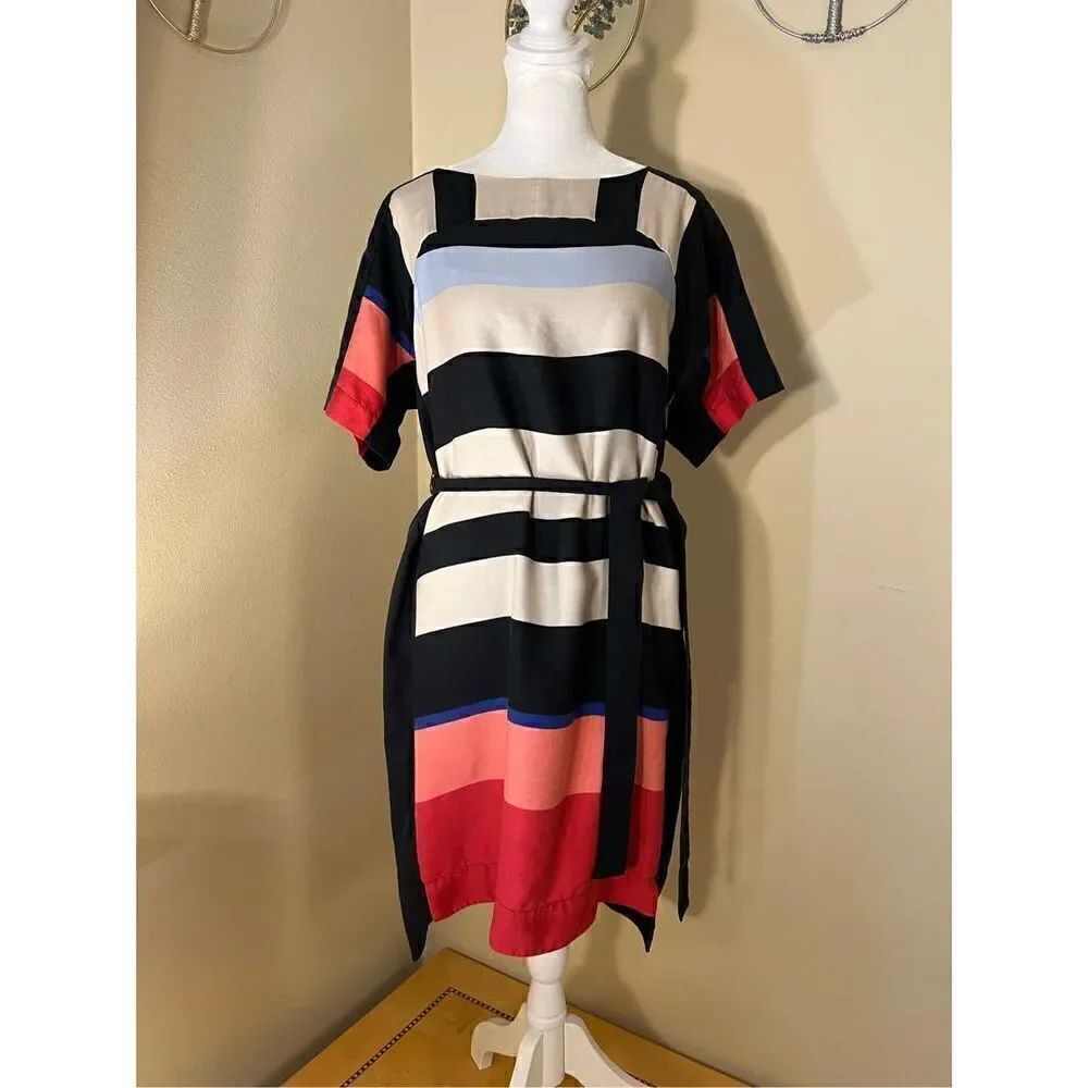 Ann Taylor Color Block Short Sleeve Belted Dress Petite Small